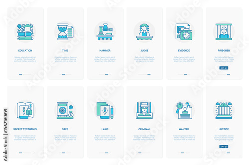 Law, jurisprudence judicial system vector illustration. UX, UI onboarding mobile app page screen set with line lawyer, judge in criminal court process, wanted bandit prisoner in prison, justice