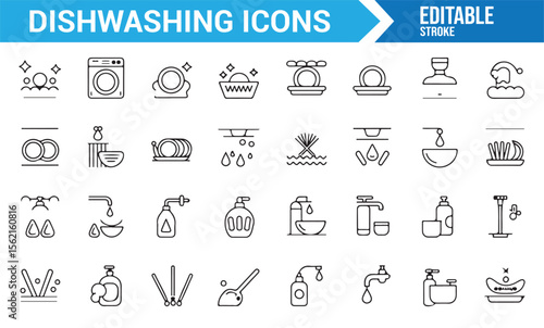 Collection of cleaning and dishwashing icons including soap, scrubbing brushes, and utensils.