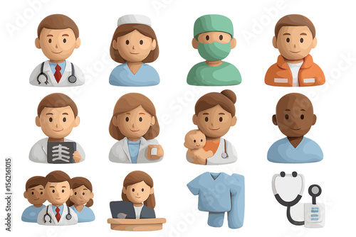 Medical team icons with diverse professions and equipment representations
