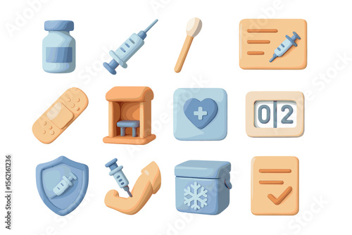 Medical icons featuring vaccine, syringe, medicine, shield, icebox, health symbols