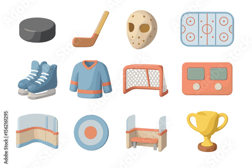 Colorful hockey icons set with equipment and arena elements