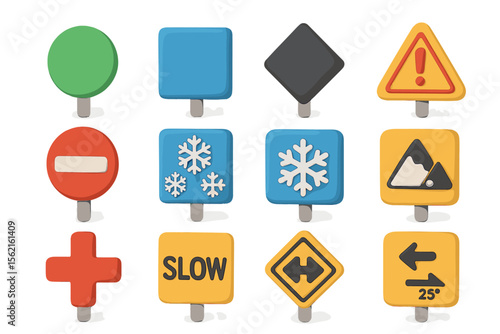 Colorful 3d traffic signs with symbols and warnings on roadside