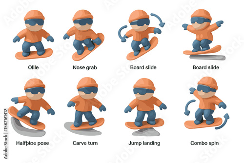 Cartoon characters performing snowboard tricks in orange and blue outfits