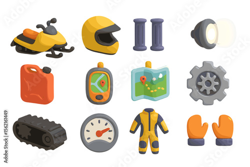 Colorful 3d icons of snowmobile gear and navigation equipment