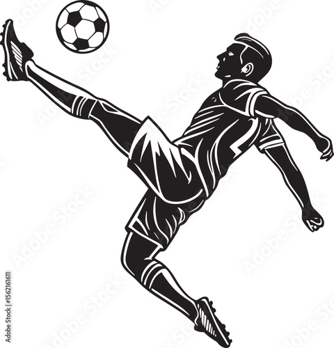 Dynamic soccer player silhouette kicking a football in mid-air, perfect for sports logo, team branding, and athletic poster designs.