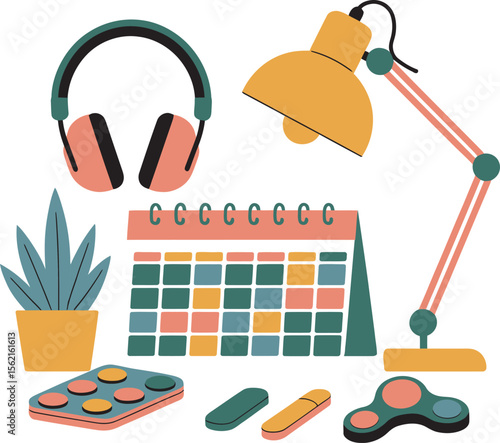 Flat vector illustration of a modern ADHD-friendly workspace with noise cancelling headphones fidget toys large colorful calendar