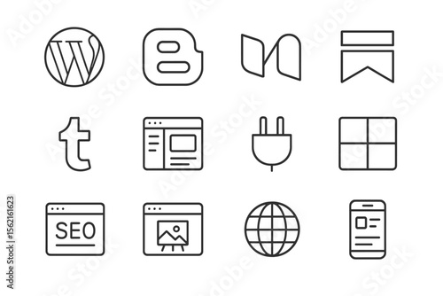 Blogging and seo icons set on black background