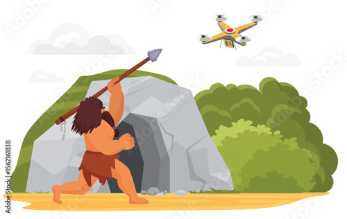 Stone age primitive man hunting on drone with spear weapon near rock cave vector illustration. Cartoon ancient hunter caveman character and modern technology, human evolution isolated on white