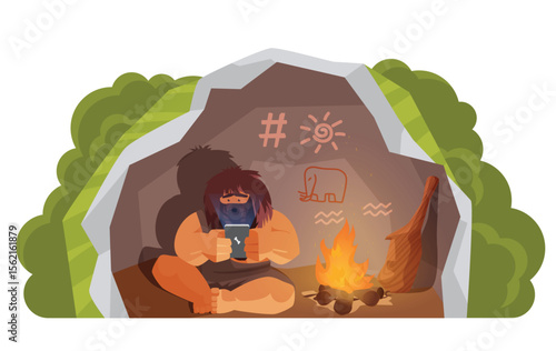 Stone age primitive man holding mobile phone modern technology vector illustration. Cartoon wild prehistoric caveman character sitting in cave with telephone, progress evolution isolated on white