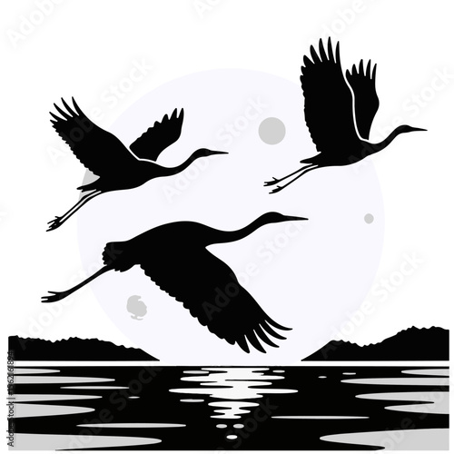 Three Silhouetted Cranes Flying Over Water at Sunset, Vector Illustration