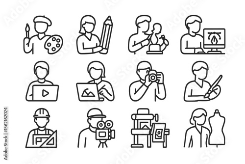 Creative professions icons set: artist, designer, engineer, photographer, sculptor