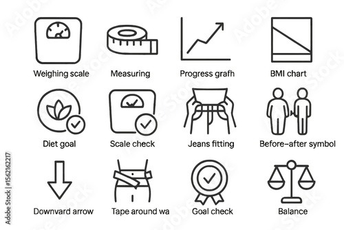 Health and fitness icons: scales, measurements, and progress tracking