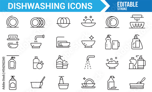Line art icons depicting dishwashing utensils, soap, sponges, and cleaning actions.