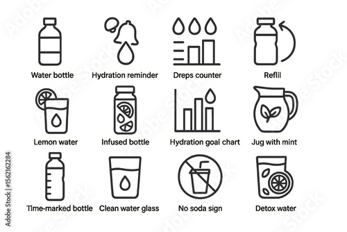 Hydration icons illustrating water bottles, lemon water, and goal tracking