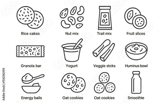 Healthy snack options: rice cakes, nut mix, trail mix, yogurt, oat cookies