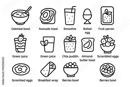 Breakfast icons: oatmeal, avocado toast, smoothie, eggs, fruit, juice, berries