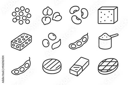 Outline icons of various plant-based protein sources on dark background