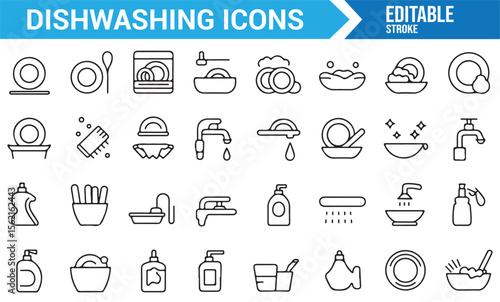 Collection of minimalist dishwashing and cleaning symbols for kitchen-related designs.