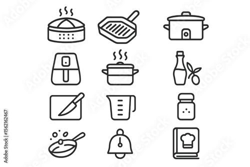 Kitchen icons set: steamer, grill, pot, air fryer, knife, measuring cup, cookbook
