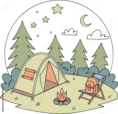 Cute illustration of a campsite at night.