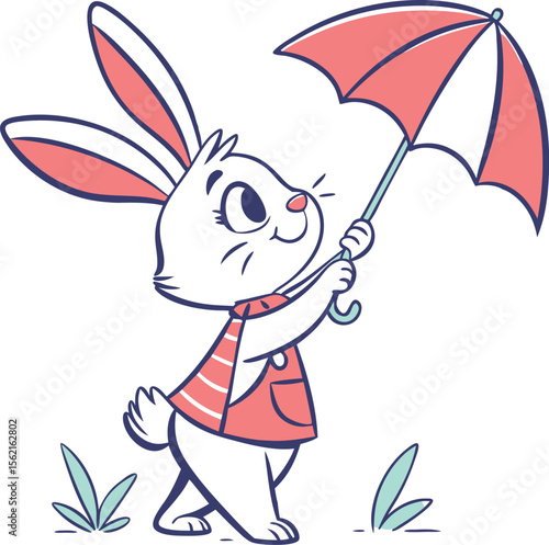 A cheerful cartoon bunny holding a pink umbrella.