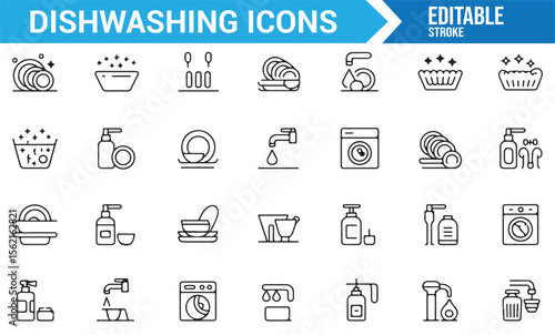 Set of dishwashing icons featuring cleaning tools, detergent bottles, and washing activities.