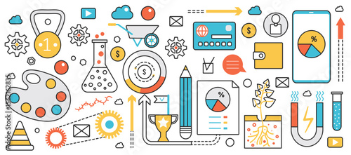 Science startup modern technology. Analysis of profit growth and artists tools, creative product research and development, success achievement in infographic concept banner, thin line art design