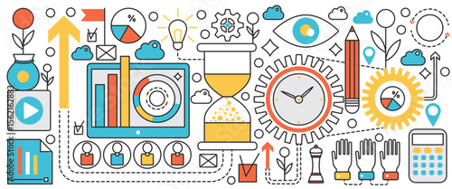 Time management technology. Productivity of processes and business development, control plans and projects, engine gears and hourglass clock in infographic concept banner, thin line art design