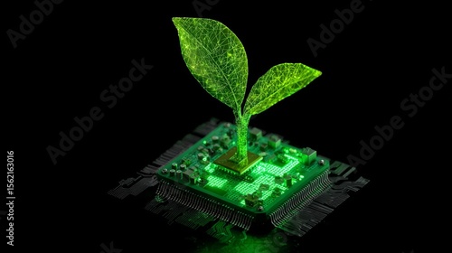 Growing green technology, a digital sprout emerges from a computer chip symbolizing sustainable innovation and the future of environmental tech.