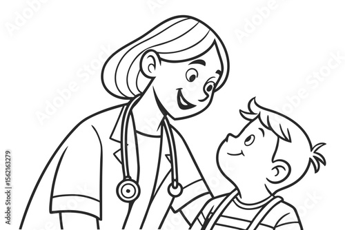 Coloring page of a kind female doctor with a stethoscope, smiling and helping a small child. Everyday hero theme, simple lines, black and white