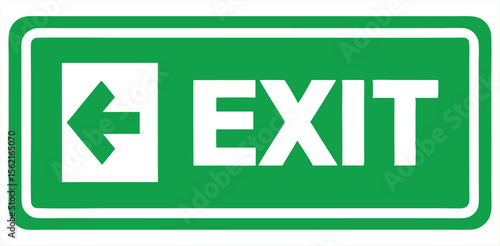 Green and white exit sign with a left pointing arrow indicating the direction of escape route for safety and emergency situations