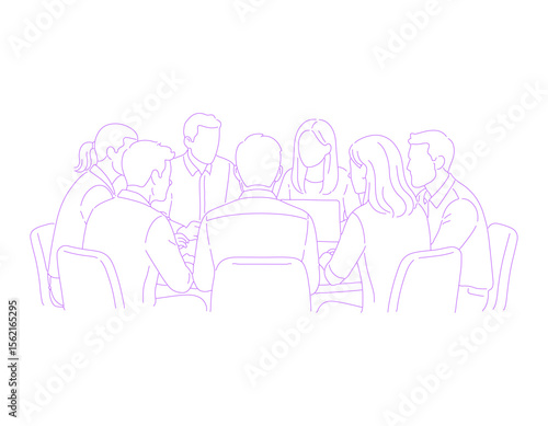 group of coworkers having a roundtable meeting lineart illustration