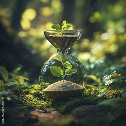 Hourglass with sand and sprout in a forest, representing time and growth