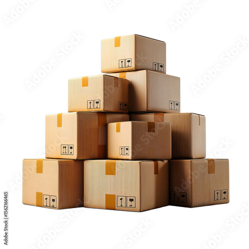 transparent png, A stack of cardboard boxes arranged in a pyramid shape, showcasing packed goods for storage or shipment.