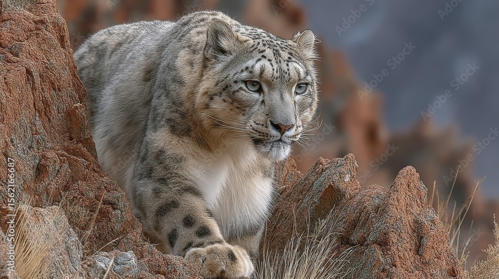 Obraz premium Majestic Snow Leopard Descending a Rocky Slope in High Altitude Mountains