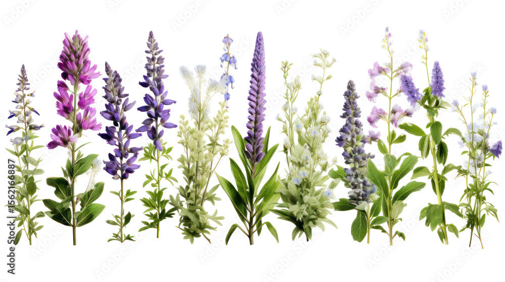 Naklejka premium Set of Veronica Teucrium and Veronica Gentianoides - Frontal view of flowering Veronica plants on transparent background