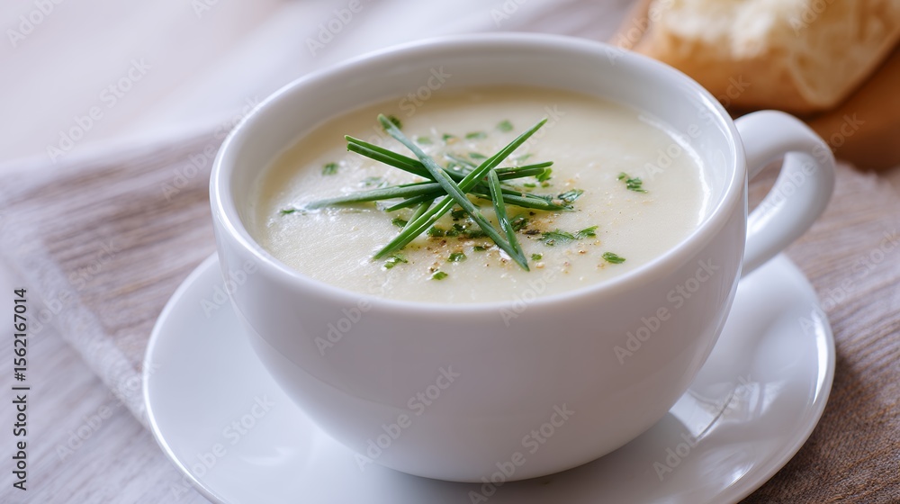 Creamy Soup in White Bowl with Herb Garnish and Bread Creamy Soup in White Bowl with Herb Garnish and Bread