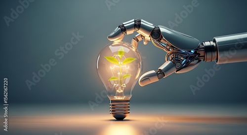 Ai robot hand holding light bulb with plant inside innovation technology future green energy concept