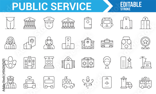 Simple icons illustrating public service sectors like police, ambulance, and government buildings.