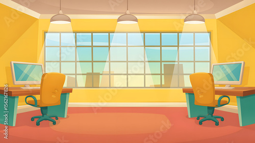 Bright cartoon office setup with desk, computer and chair near the large window, illuminating workspace and adding a vibrant, cheerful ambiance.