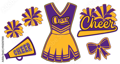 Cheerleading Uniforrm, Pompoms, Megaphone and a Bow. Purple and Gold Cheerleader Vector.