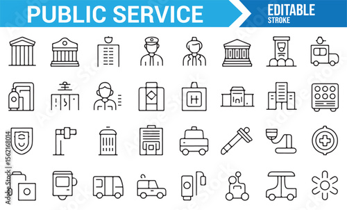 Collection of public service and civil service icons for use in government, education, and healthcare projects.