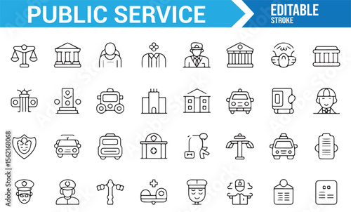 Set of icons for public service and government-related designs, including legal and civic services.