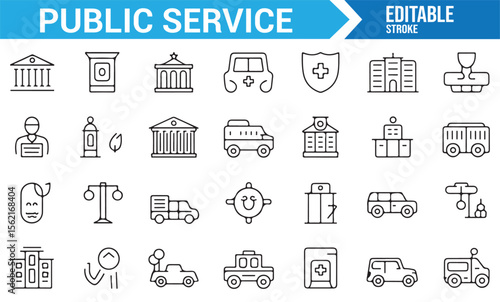 Various icons for public service, including government institutions, vehicles, and workers.