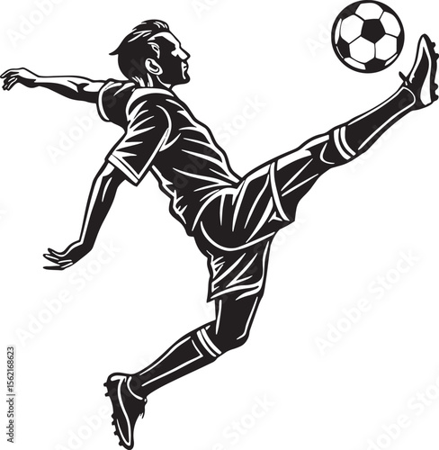 Dynamic soccer player silhouette kicking a football in mid-air, perfect for sports logo, team branding, and athletic poster designs.