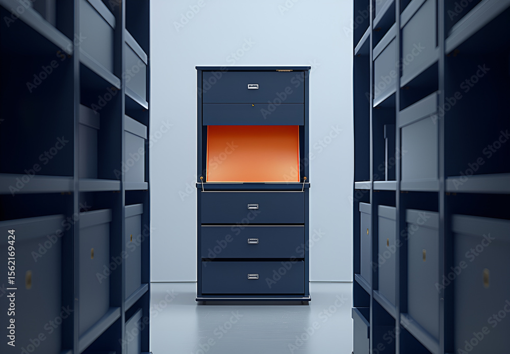 Fototapeta premium Nowoczesna szafa w biurze z pomarańczowym akcentem – organizacja, przestrzeń i design