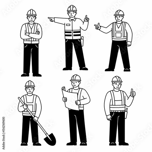 Six black and white illustrations of construction workers in various poses, demonstrating different tasks and actions.
