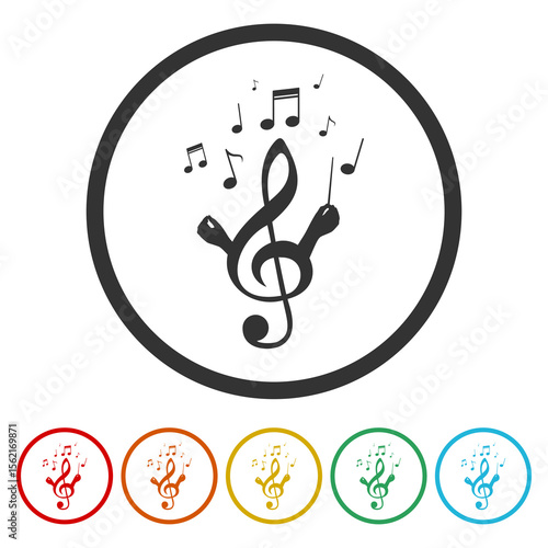 Music clef and notes icon. Set icons in color circle buttons