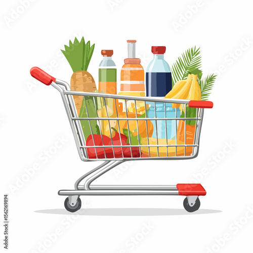 Full Shopping Cart with Fresh Produce and Drinks