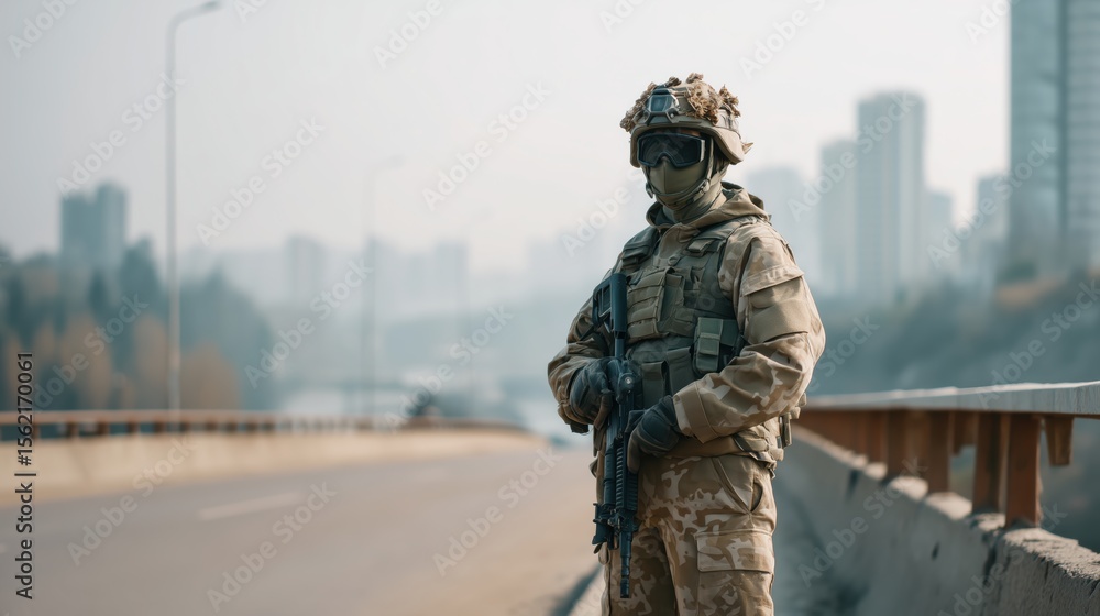 Fototapeta premium City Bridge and Smoke with Alert Soldier
